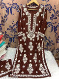 Festive Rayon Kurti with Palazzo - Chikankari embroidered, round neck, three-quarter sleeves, India