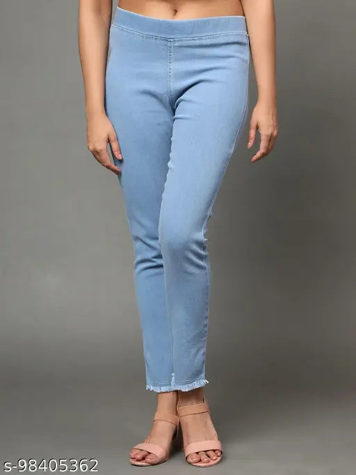 Skyblue denim skinny fit jeggings for women, medium waist, elastic belt closer, ankle length - AngelFab