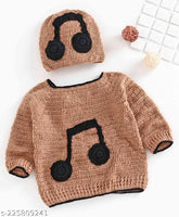 Brown acrylic crochet full sleeves music theme sweater - self-design for toddlers & kids, featuring intricate patterns inspired by Indian craftsmanship from Usha Enterprises