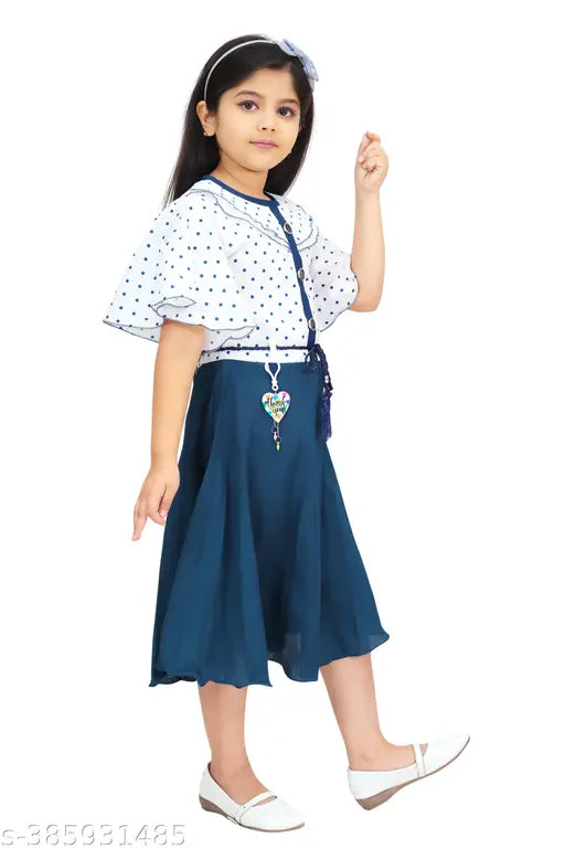 Printed cotton blend blue frock for girls, short sleeves, vibrant design, 4-5 Years - 9-10 Years size range