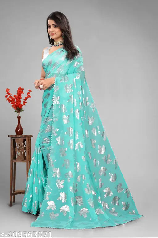 Lace silver Georgette saree with foil print, fancy Indian fashion accessory