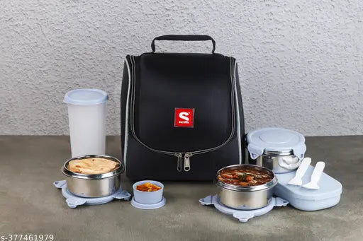 Stainless steel insulated lunch carrier, Refresh7 Grey - includes 3pc containers, plastic paratha/roti box, chutney jar, 480ml glass, spoon fork set, microoven safe, leak-proof bag for office, school, college use