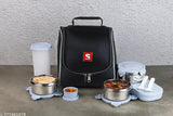Stainless steel insulated lunch carrier, Refresh7 Grey - includes 3pc containers, plastic paratha/roti box, chutney jar, 480ml glass, spoon fork set, microoven safe, leak-proof bag for office, school, college use