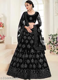 Embroidered semi-stitched net lehenga choli and dupatta set, Indian traditional women's fashion