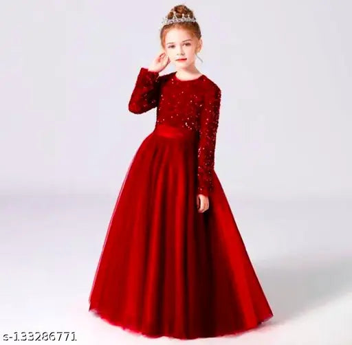 Red sequin work net gown with long sleeves and round neck for girls party wear