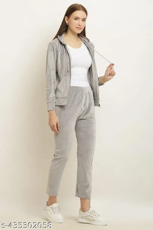 Grey velvet super soft chain hoodie set for women, elegant and beautiful gift for loved ones, best for sisters, friends, wives, mothers