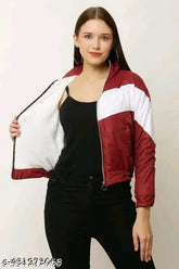 Maroon colorblocked polyester women's jacket with long sleeves, India origin