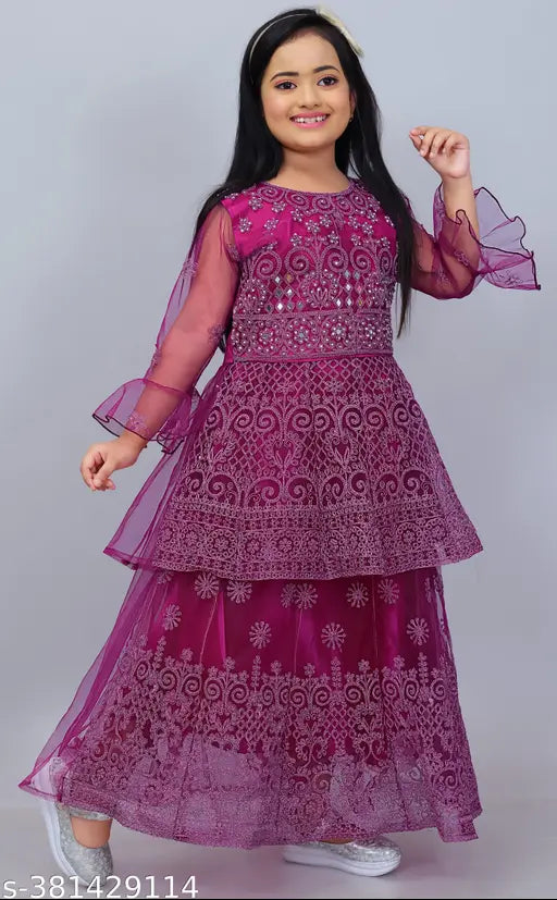 Printed net A-line girls lehenga choli, no dupatta, three-quarter sleeves - traditional Indian wedding dress for kids