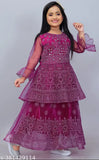 Printed net A-line girls lehenga choli, no dupatta, three-quarter sleeves - traditional Indian wedding dress for kids