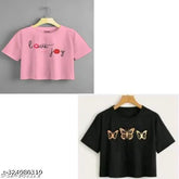 Trendy cotton blend crop top & t-shirt, stylish print design. Soft hand feel, versatile women's wardrobe essential