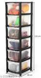Black plastic drawer organizer system with 6 transparent boxes, ideal for clothes, toys, shoes storage