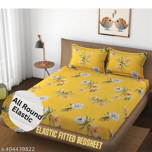 Yellow microfiber double floral fitted bedsheet, HIDECOR brand, ideal for summer use on standard size mattresses (72 x 78 inch / 182 x 198 cm), includes 2 pillow covers