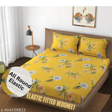 Yellow microfiber double floral fitted bedsheet, HIDECOR brand, ideal for summer use on standard size mattresses (72 x 78 inch / 182 x 198 cm), includes 2 pillow covers