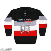 Multicolor wool sweater for boys, long sleeves with colorblocked pattern. Boys printed woven sweater on display stand