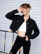 Twill black buttoned women's jacket, cotton blend, solid pattern, regular fit, collared neckline, 2 pockets, full sleeve, suitable for all seasons, Dimpy Garments, India