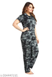 Printed satin night suit, dress, shirt, and pyjama set for women and girls, featuring short sleeves and trendy pattern, available in multiple sizes (M, L, XL, XXL). Made in India