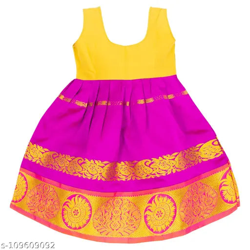 Brand New Cotton Silk Lehenga Choli Set, traditional South Indian style for newborn girls. Woven design, sleeveless top and lehenga, soft material. Perfect gifting option. Made in India