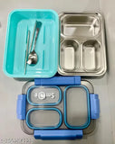 Blue stainless steel microoven safe lunchbox with cutlery, compact and portable, ideal for school or travel
