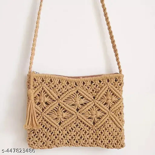 Handmade boho style macrame sling bag with zipper, 97 inches, 100% cotton, beige lining, perfect for journeys and travel