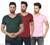 Pink cotton solid v-neck tshirts for men, pack of 3 on hangers