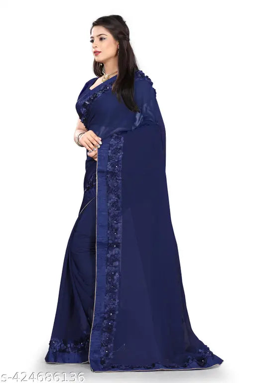 Georgette ribbon floral lace saree, Bangalori silk blouse for party wear, vibrant Indian design for weddings or events