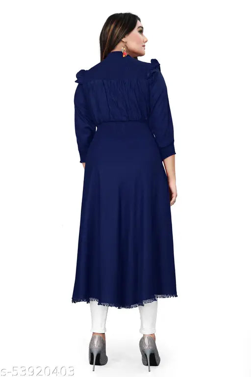 Blue cotton maxi kurtis, three-quarter sleeves, solid design. Imported heavy material with stretch, hand wash only. Size L (Bust 40in), XL (Bust 42in), XXL (Bust 44in). Made in India