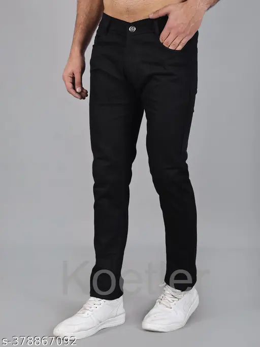 Stretchable black denim men's jeans, slim fit with mid-rise, wash separately for care