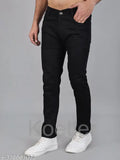 Stretchable black denim men's jeans, slim fit with mid-rise, wash separately for care