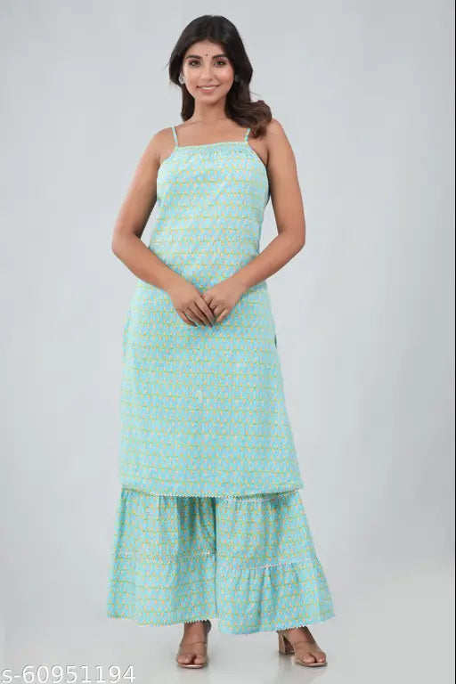 Cotton printed dupatta set - Gianna Women's sleeveless kurta & sharara, Indian fashion