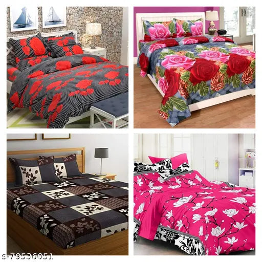 Double King size Polycotton sheets (90x90) by Disha, superfine with 3D print and 8 pillow covers, ideal for AC rooms and anniversaries