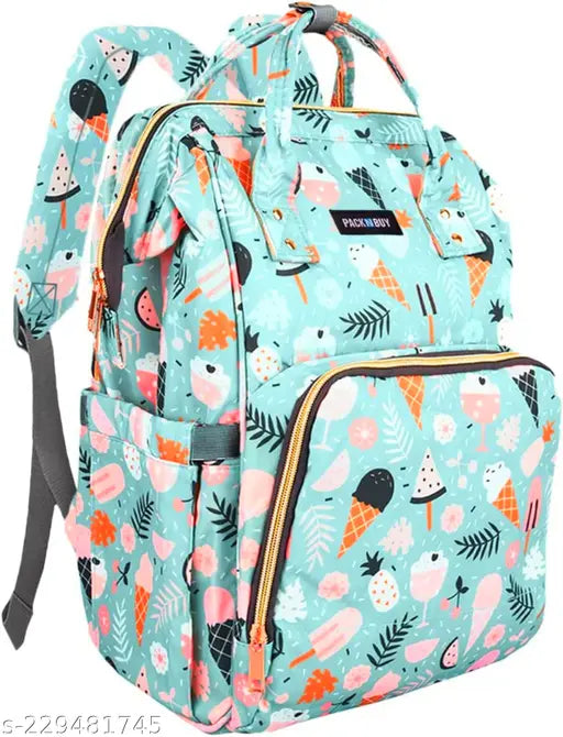 Light green Unicon print diaper backpack, spacious waterproof bag for mothers with multiple pockets and 3-layer protection. Features include anti-theft pocket, insulated milk bottle holders, key chain clip, D-rings, cushioned back straps, and trendy prints. Free size, hand washable, made in India