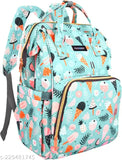 Light green Unicon print diaper backpack, spacious waterproof bag for mothers with multiple pockets and 3-layer protection. Features include anti-theft pocket, insulated milk bottle holders, key chain clip, D-rings, cushioned back straps, and trendy prints. Free size, hand washable, made in India