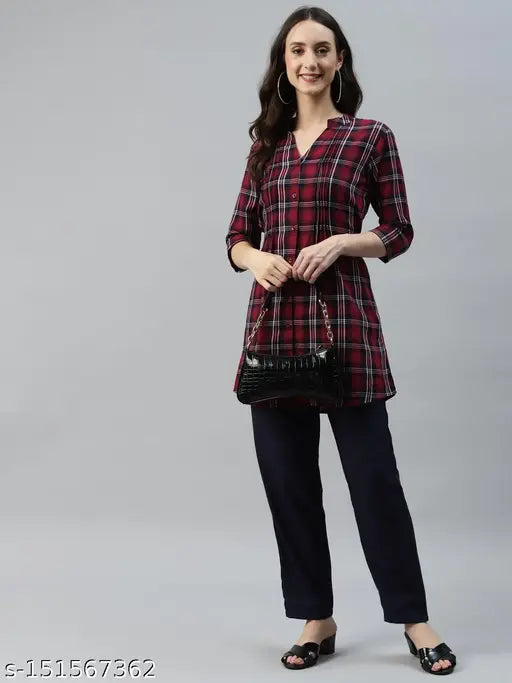 Women's plaid check print tunic shirt, cotton three-quarter sleeves, checked pattern, XS (Bust 34", Length 32"), India origin