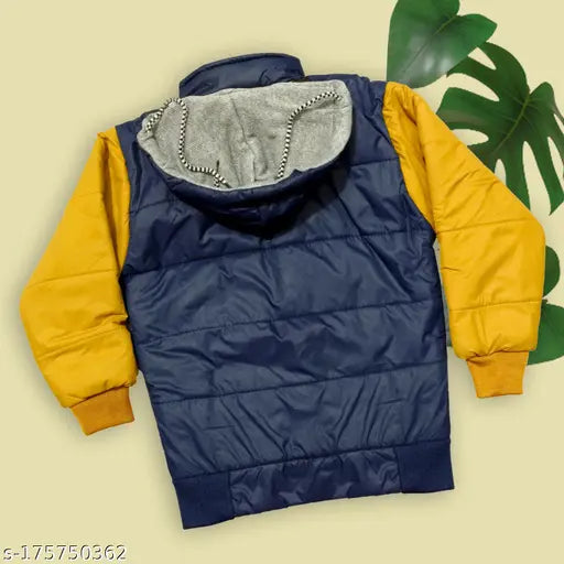 Stylish yellow and blue polyester winter hooded jacket for boys kids - colorblocked, machine washable