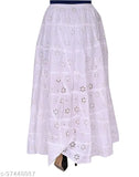 cotton chikan embroidery long white skirt for women/girls, intricate lukhnawi design on free-size skirts (32-40 waist)