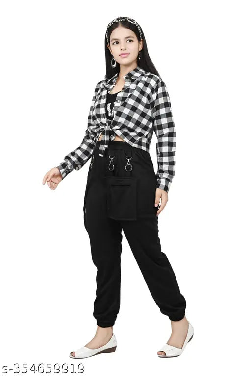 Cotton blend girls' checked three-piece dress set with long sleeves, solid cotton bottom, size 8-9 years, India origin