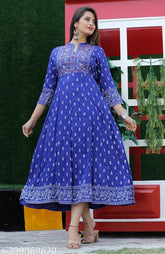 Royal Blue Rayon Anarkali Kurta with Dori and Mirror Work Buttons - Traditional Designer Adda Embroidery Kurti