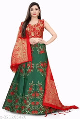 Banarasi jacquard Lehenga Choli with floral motifs in semi-stitched design, silk fabric, Indian wedding wear