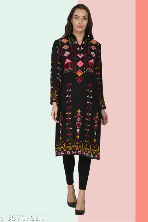 Black woolen A-line printed kurta for women's casual winter wear, long sleeves, premium wool fabric
