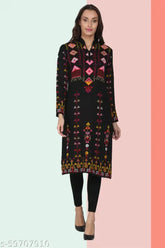 Black woolen A-line printed kurta for women's casual winter wear, long sleeves, premium wool fabric