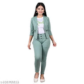 Mint green cotton blend three-piece dress set for 4-15 years girls, featuring a fancy koti and stretchable pants, perfect for parties or casual wear