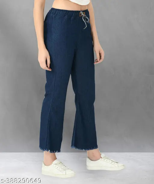 Stretchable dark blue washed denim flared jogger jeans for women - high waisted, baggy fit, made in India
