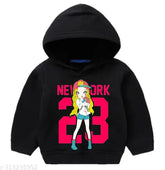 Black cotton blend kids hoodie, printed design for winter, suitable for all seasons
