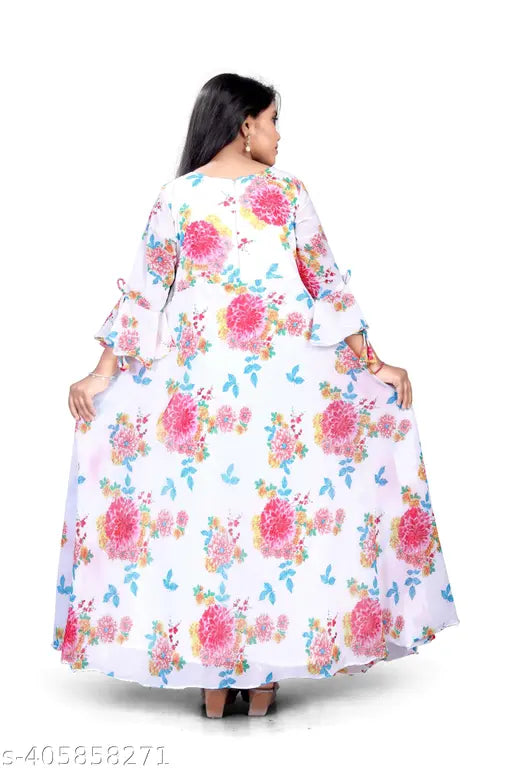 Children's printed net ball gown, three-quarter sleeve design for prom, wedding, or pageant wear. Size 9-10 Years - Made in India