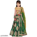 Green satin and net embroidered Lehenga Choli for girls (11-15 years), comfortable and versatile for various occasions