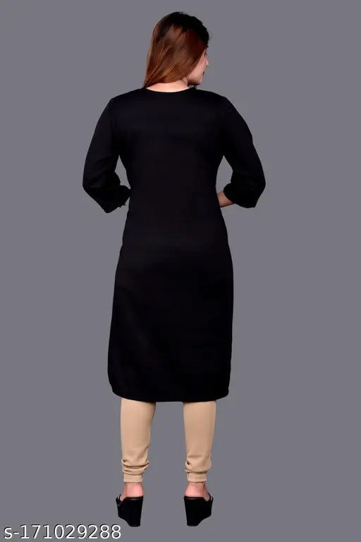 Woolen women's straight embroidered kurti, three-quarter sleeves, solid design, perfect for winter parties. Made from quality Indian wool." (109 characters)