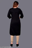 Woolen women's straight embroidered kurti, three-quarter sleeves, solid design, perfect for winter parties. Made from quality Indian wool." (109 characters)