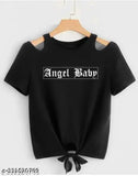 Black crop top with angel baby printed design, short sleeves made from Lycra fabric. Size N, suitable for S-XL bust sizes and corresponding lengths