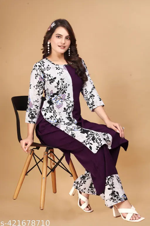 Crepe fabric, printed net, 3xl-6xl Indian women's kurta sets with palazzos and three-quarter sleeves