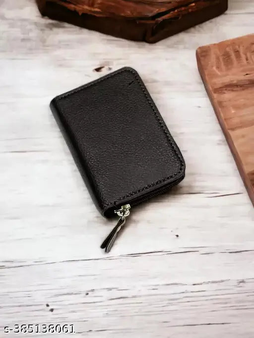 Men's black faux leather card holder, solid pattern with 11 card slots for essentials. Accessory on display stand, perfect for modern men's fashion